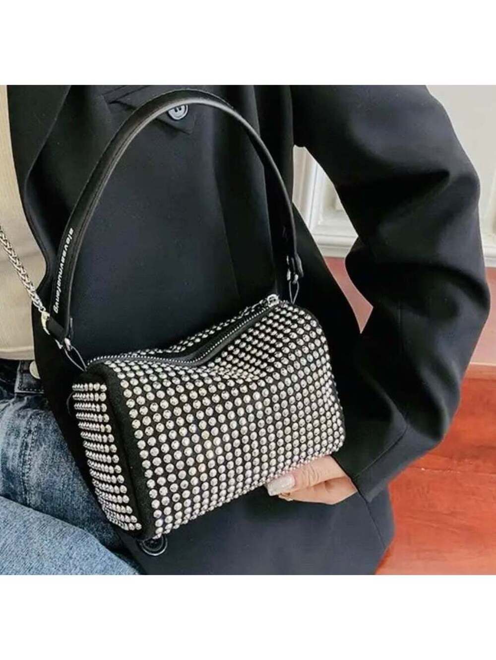 New -Chic -Fully Studded Cross/Shoulder Bag w/Diamond Design & Chain Strap
